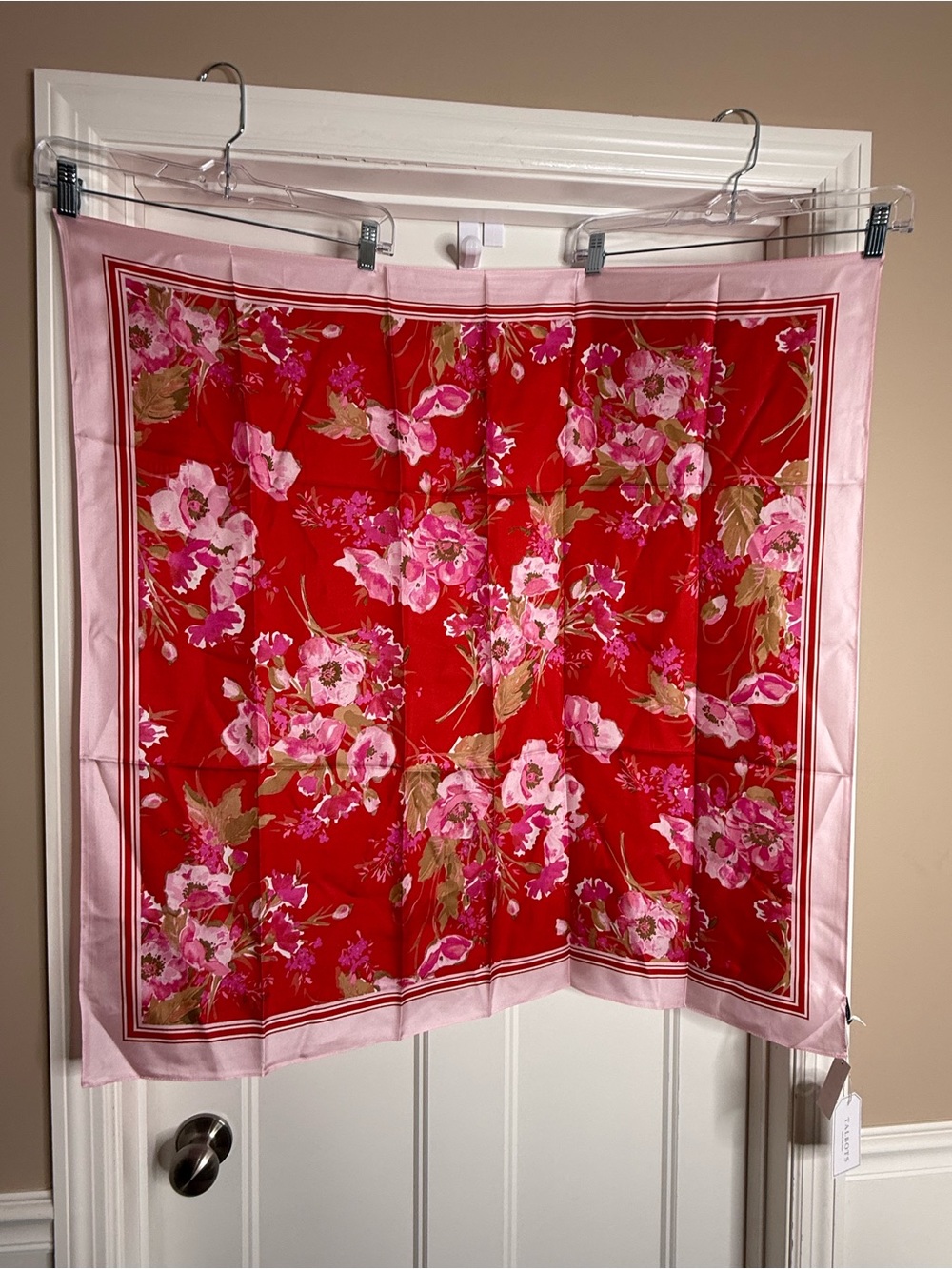 Women’s Talbots Red Silk Floral Square 36” Scarf with Pink Border